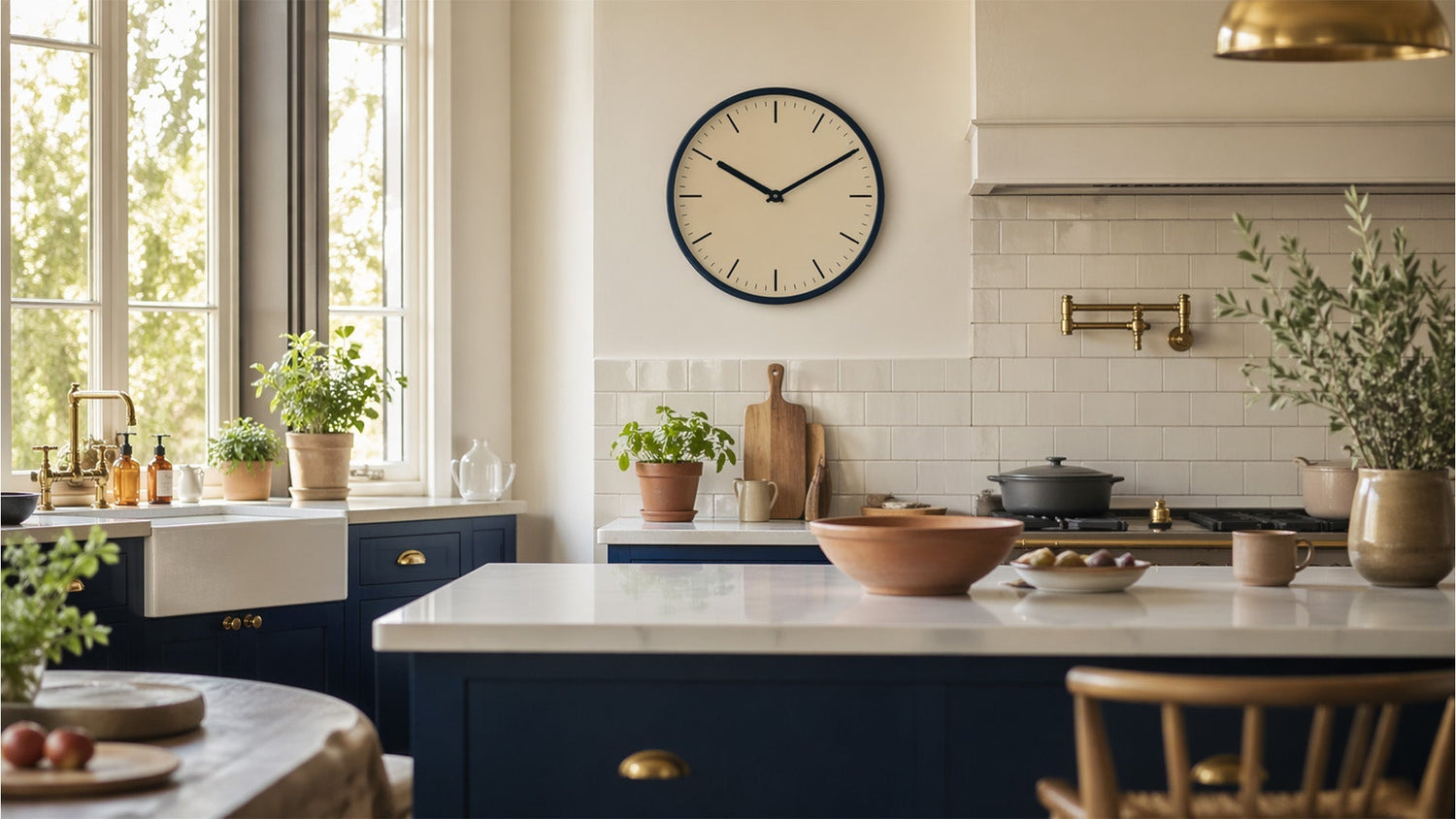 Horloge murale ronde dans une cuisine moderne aux meubles bleu marine et plan de travail en marbre blanc