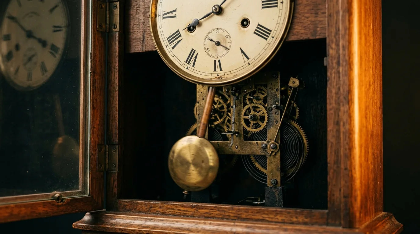 Vieille horloge à pendule au mécanisme visible évoquant le tic-tac régulier