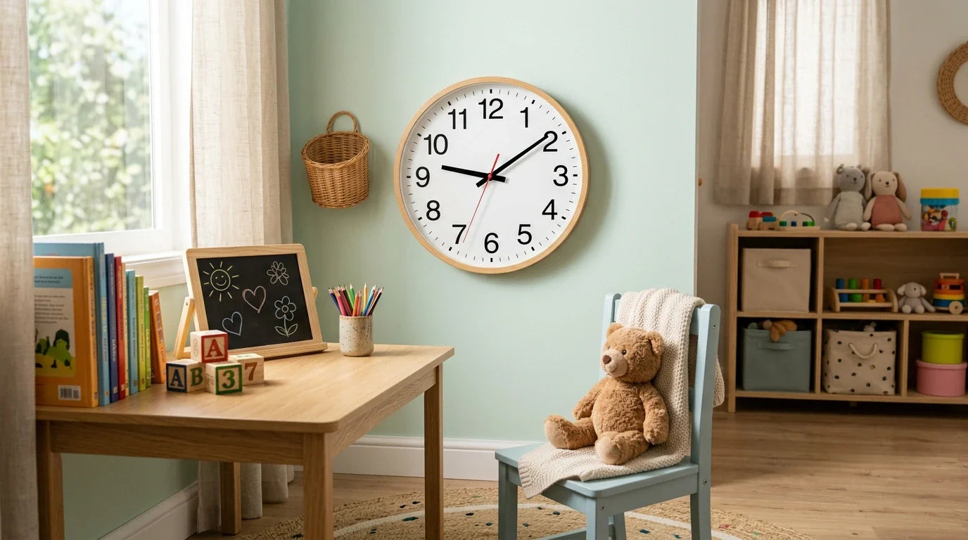 Enfant apprenant à lire l'heure devant une horloge murale dans une chambre lumineuse