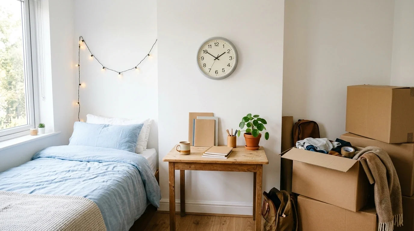 Horloge murale comme cadeau de crémaillère dans un studio étudiant qui emménage à la rentrée