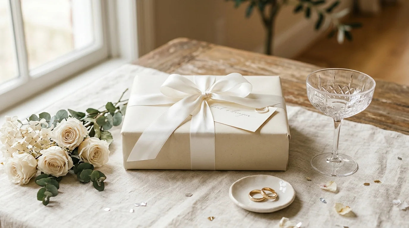 Cadeau de mariage horloge murale emballé avec ruban blanc pour de jeunes mariés