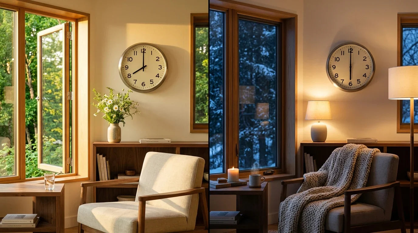 Changement d'heure été hiver illustré par deux ambiances jour et nuit autour d'une horloge