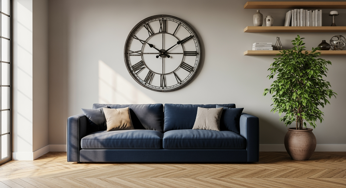 Grande horloge murale industrielle métal noir 100 cm au-dessus d'un canapé velours bleu dans un salon contemporain français