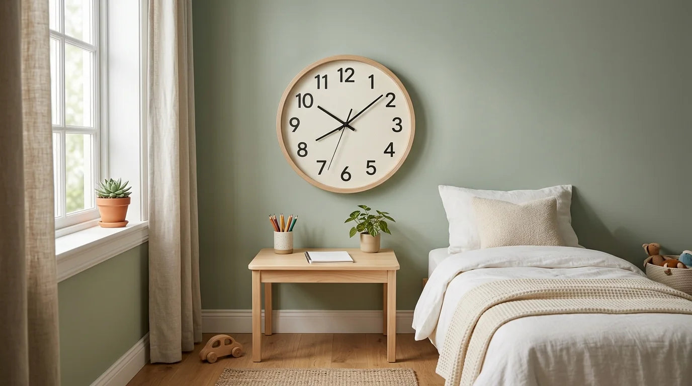 Chambre d'enfant lumineuse avec une horloge murale silencieuse sur le mur principal