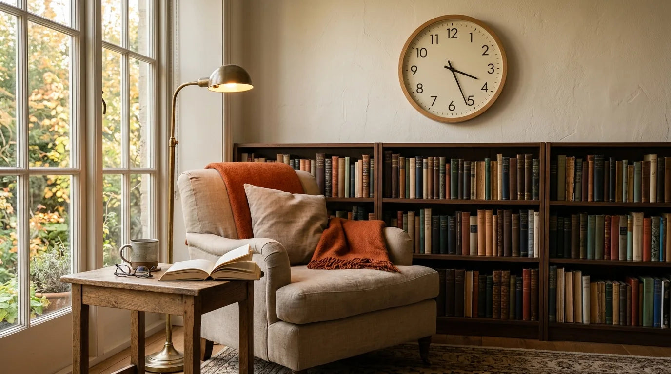 Coin lecture cosy avec horloge murale fauteuil bibliothèque livres et lampe chaleureuse