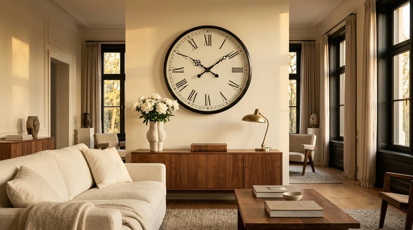 Grande horloge géante 50 cm dans un salon spacieux comme statement central du mur
