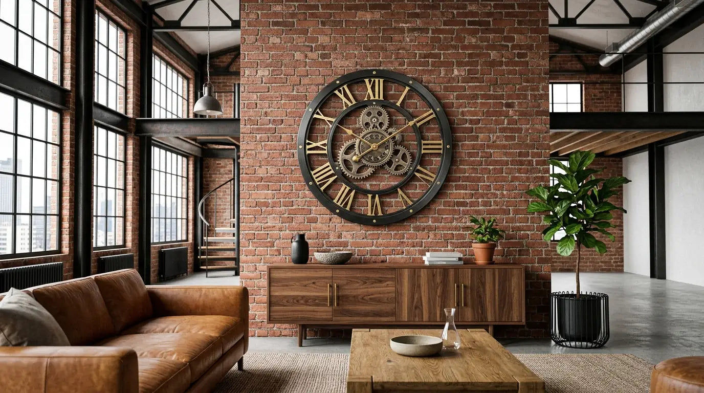 Grande horloge murale statement dans un loft industriel à haut plafond et mur de brique
