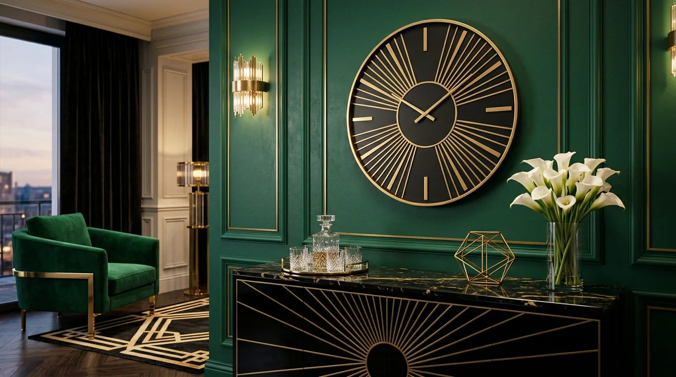 Horloge murale Art déco dans un salon noir et or géométrique laiton élégance années 20