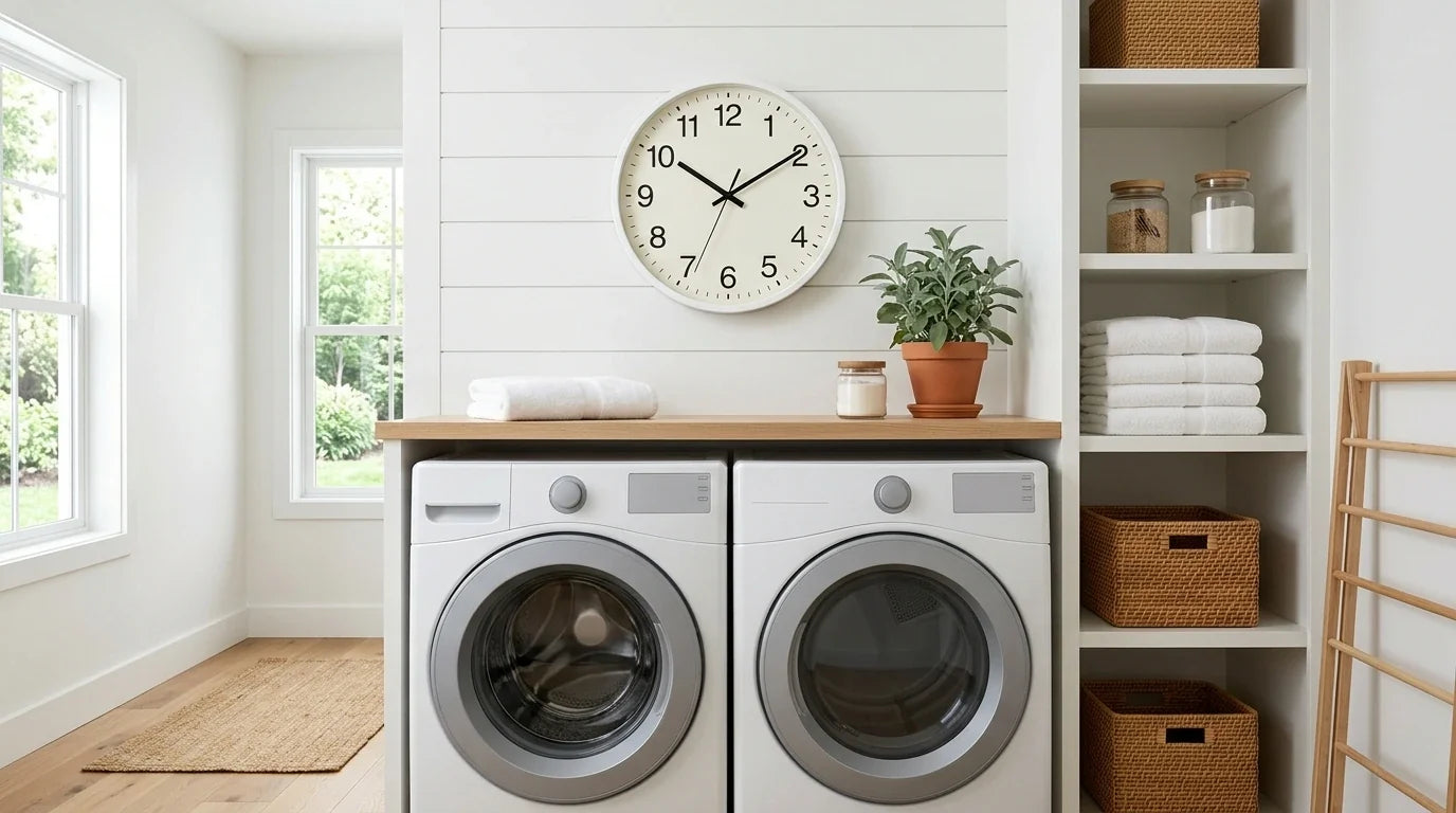 Horloge murale dans une buanderie lumineuse au-dessus des machines pour minuter les cycles