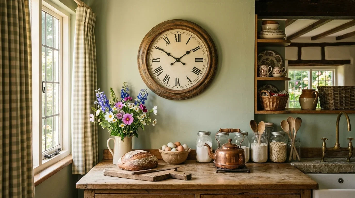 Horloge murale style campagne dans une cuisine cottage avec bois fleurs et lin charme rustique