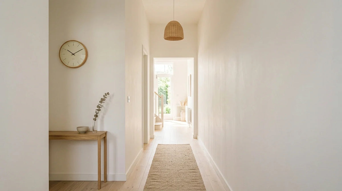 Horloge murale dans un couloir étroit lumineux qui habille le passage avec un petit format
