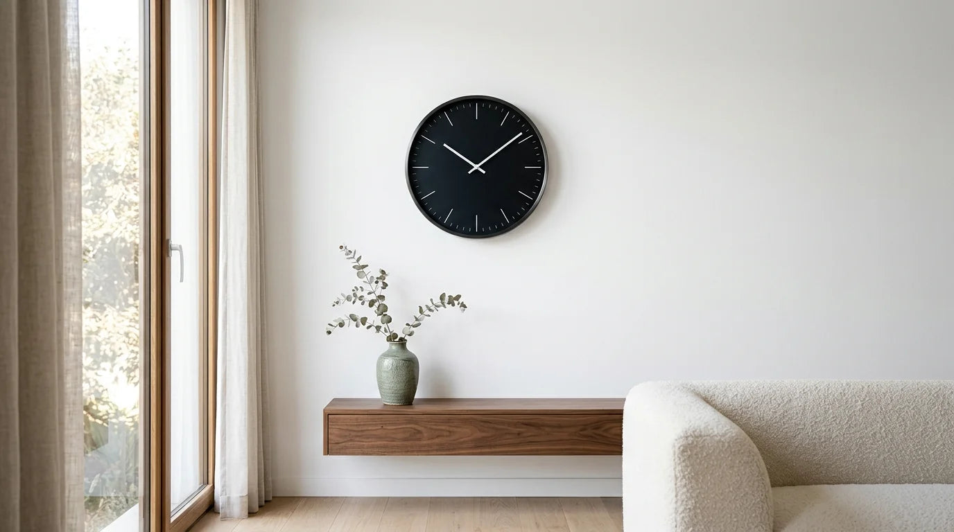 Horloge murale noire avec caractère sur un mur blanc épuré dans un salon contemporain