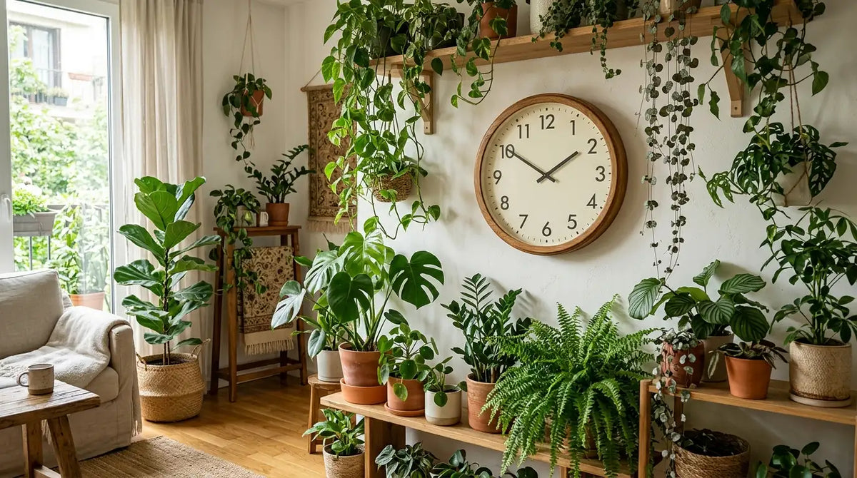 Horloge murale en bois entourée de plantes formant un mur végétal jungle urbaine frais et naturel