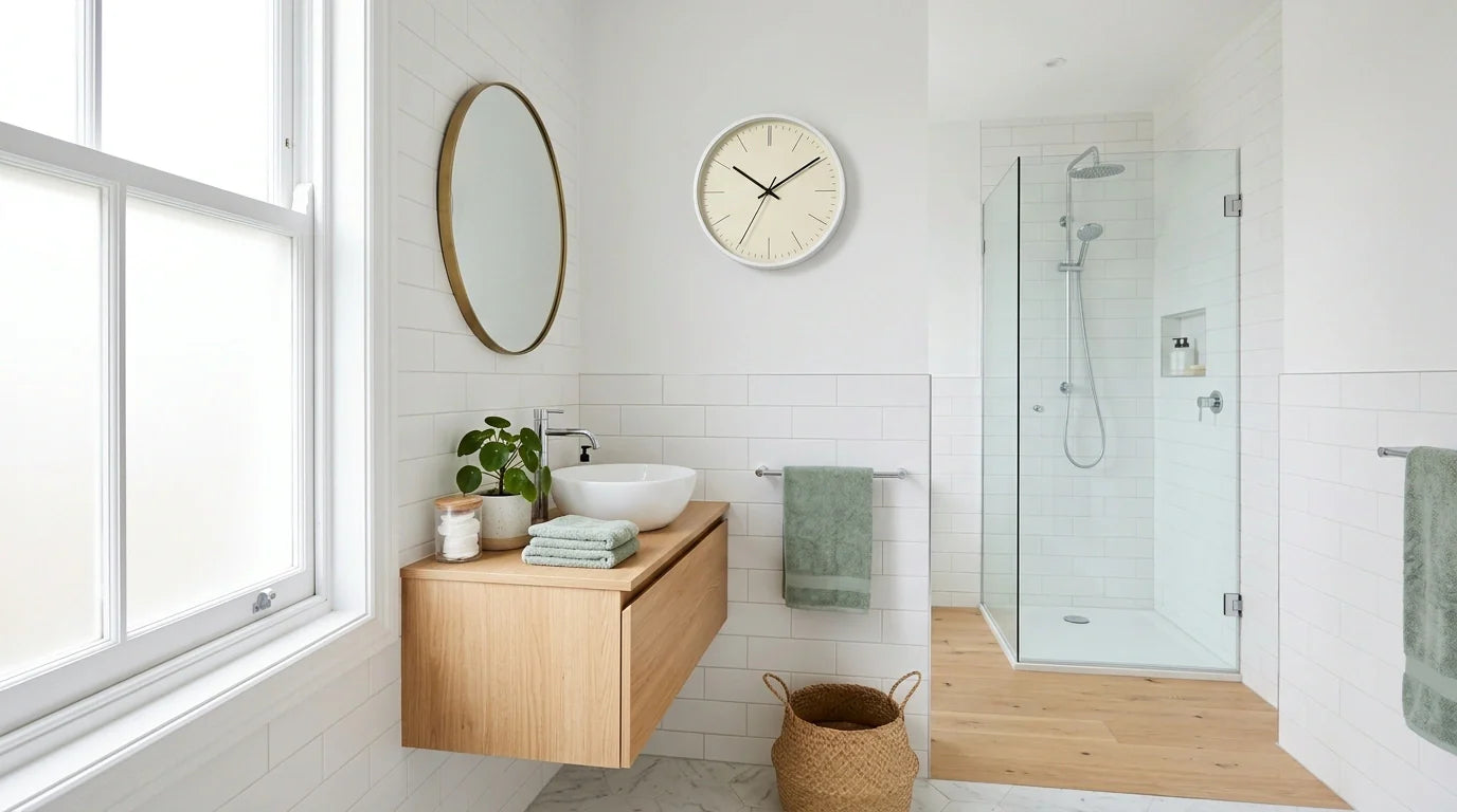 Horloge murale dans une salle de bain claire et ventilée placée en zone sèche adaptée