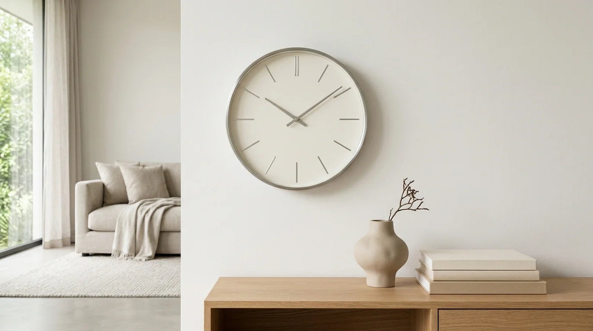 Horloge murale sans chiffres au design épuré à index minimalistes sur un mur moderne statement