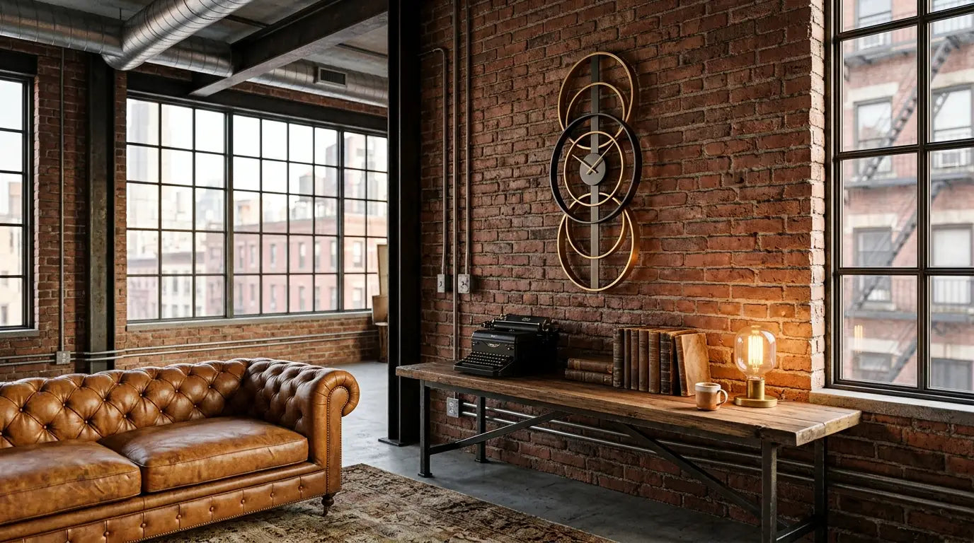 Horloge murale style industriel dans un loft moderne avec briques apparentes et métal