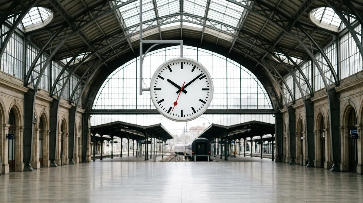 Horloge de gare suspendue dans un hall lumineux avec un cadran lisible de loin