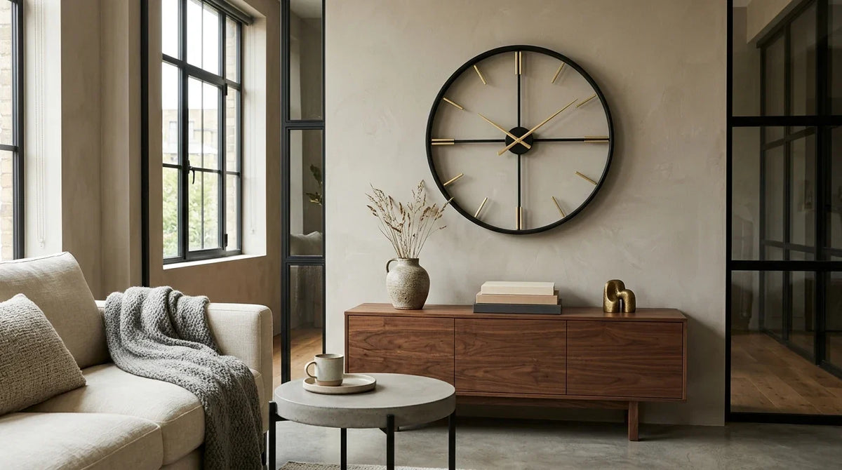 Horloge murale en métal dans un salon contemporain comparatif 2026 grand format graphique