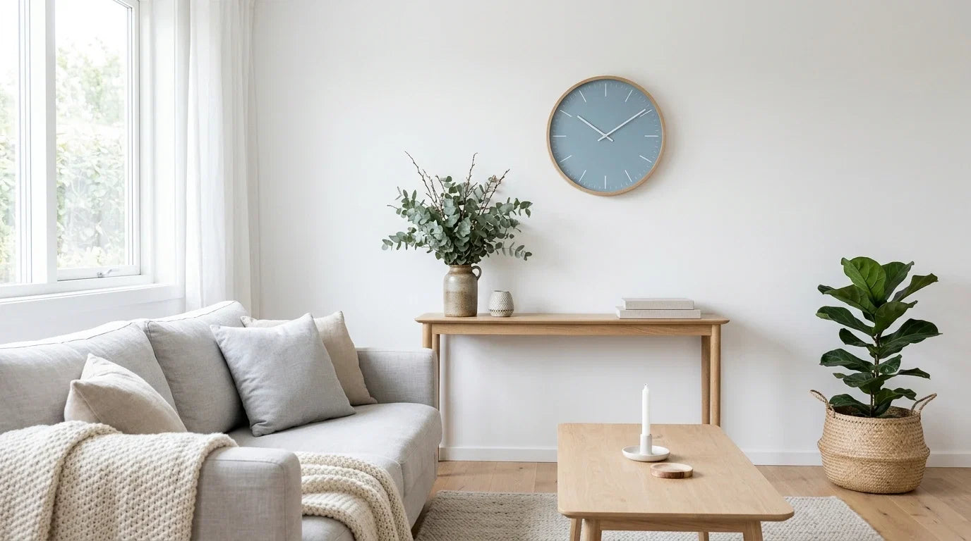 Horloge murale scandinave dans un salon nordique lumineux bois clair et tons doux comparatif 2026