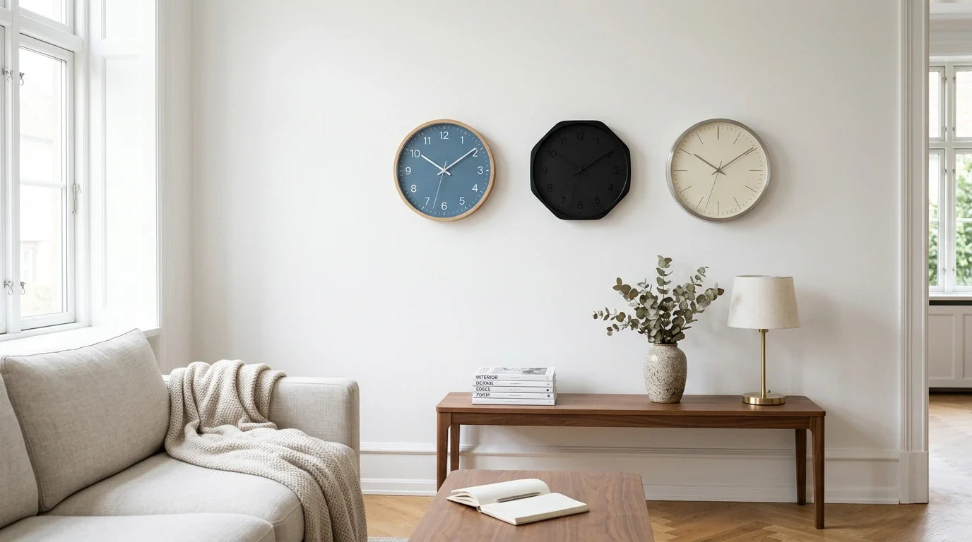 Plusieurs horloges murales silencieuses design posées dans un salon lumineux comparatif 2026