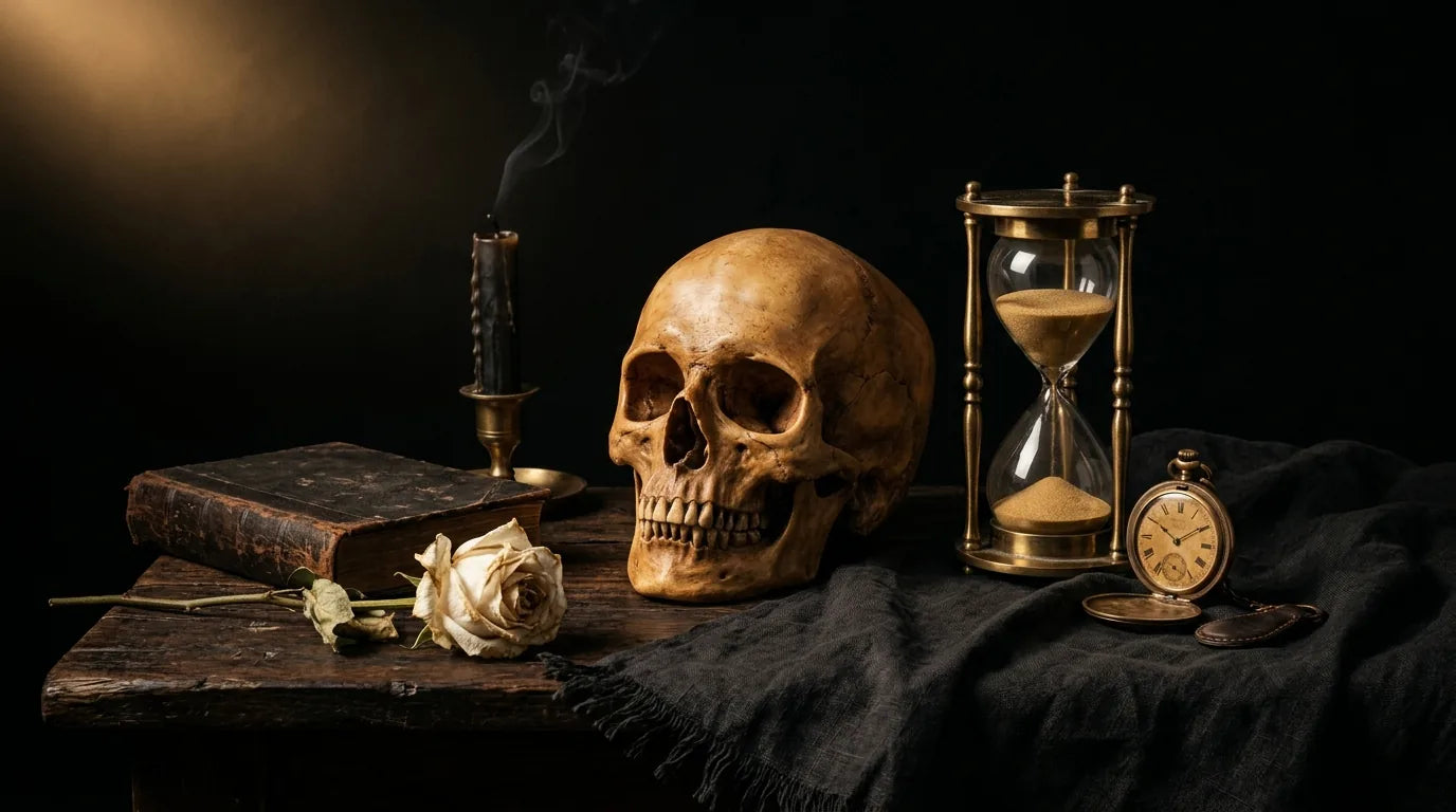 Nature morte vanité contemporaine avec sablier crâne et horloge symboles classiques