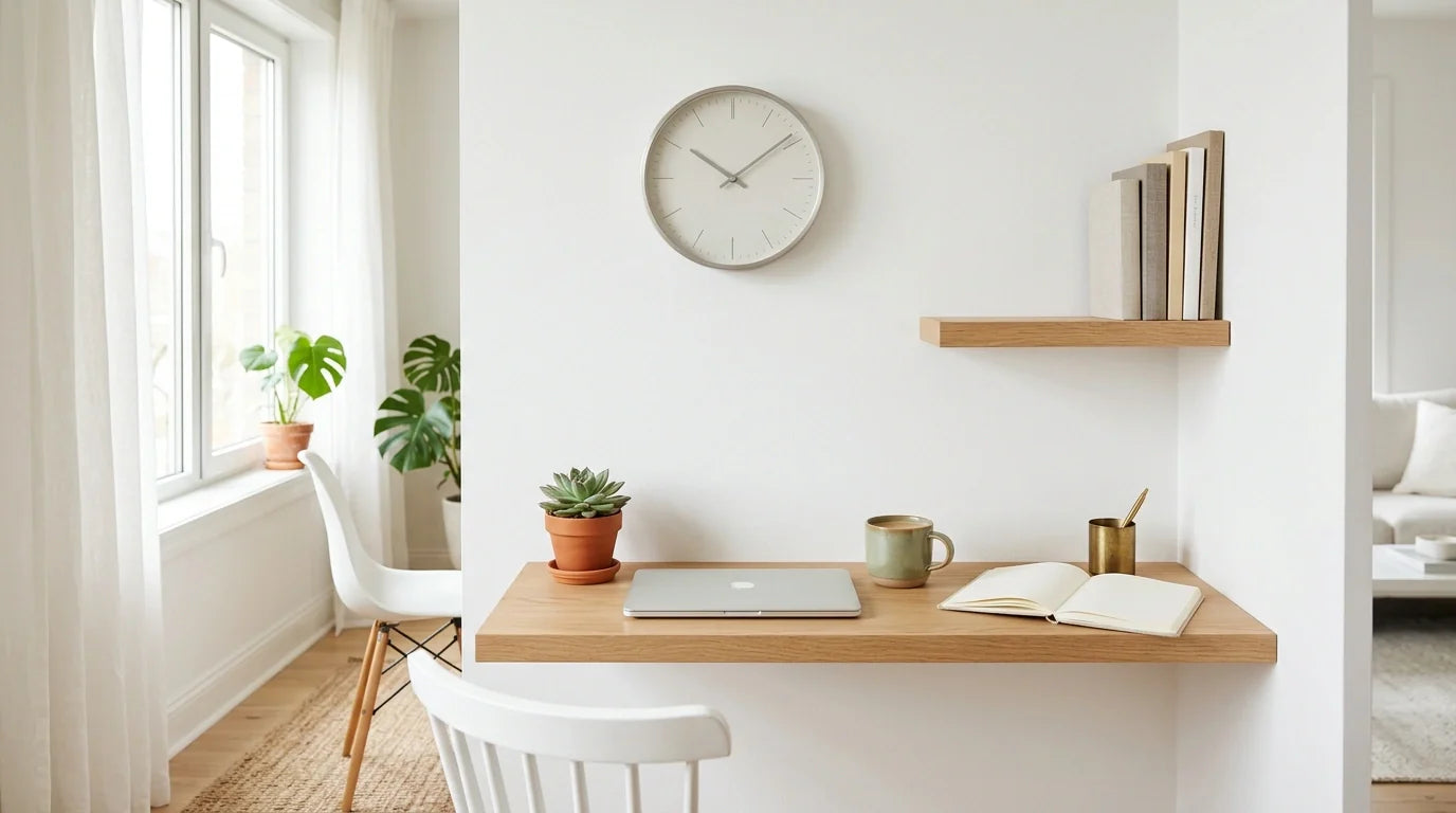 Petite horloge murale 20 cm dans un coin bureau compact sur une étagère espace lumineux