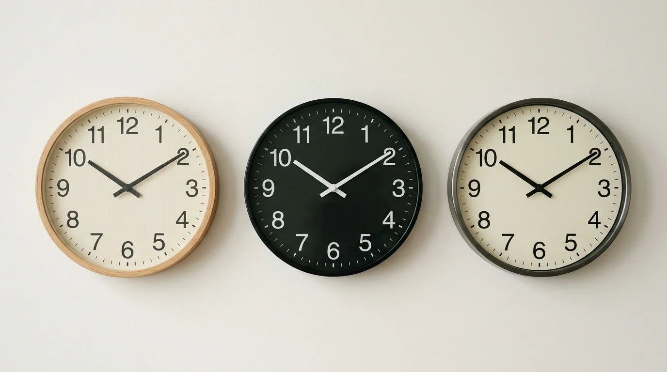 Trois horloges murales affichant toutes 10h10 illustrant la convention des photos de cadran