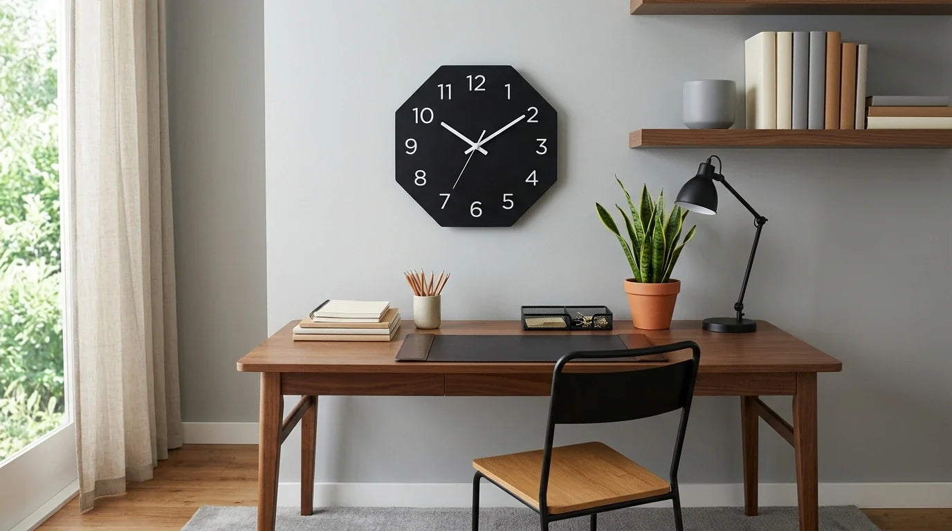 Bureau organisé pour la rentrée avec horloge murale espace net et productif lumineux