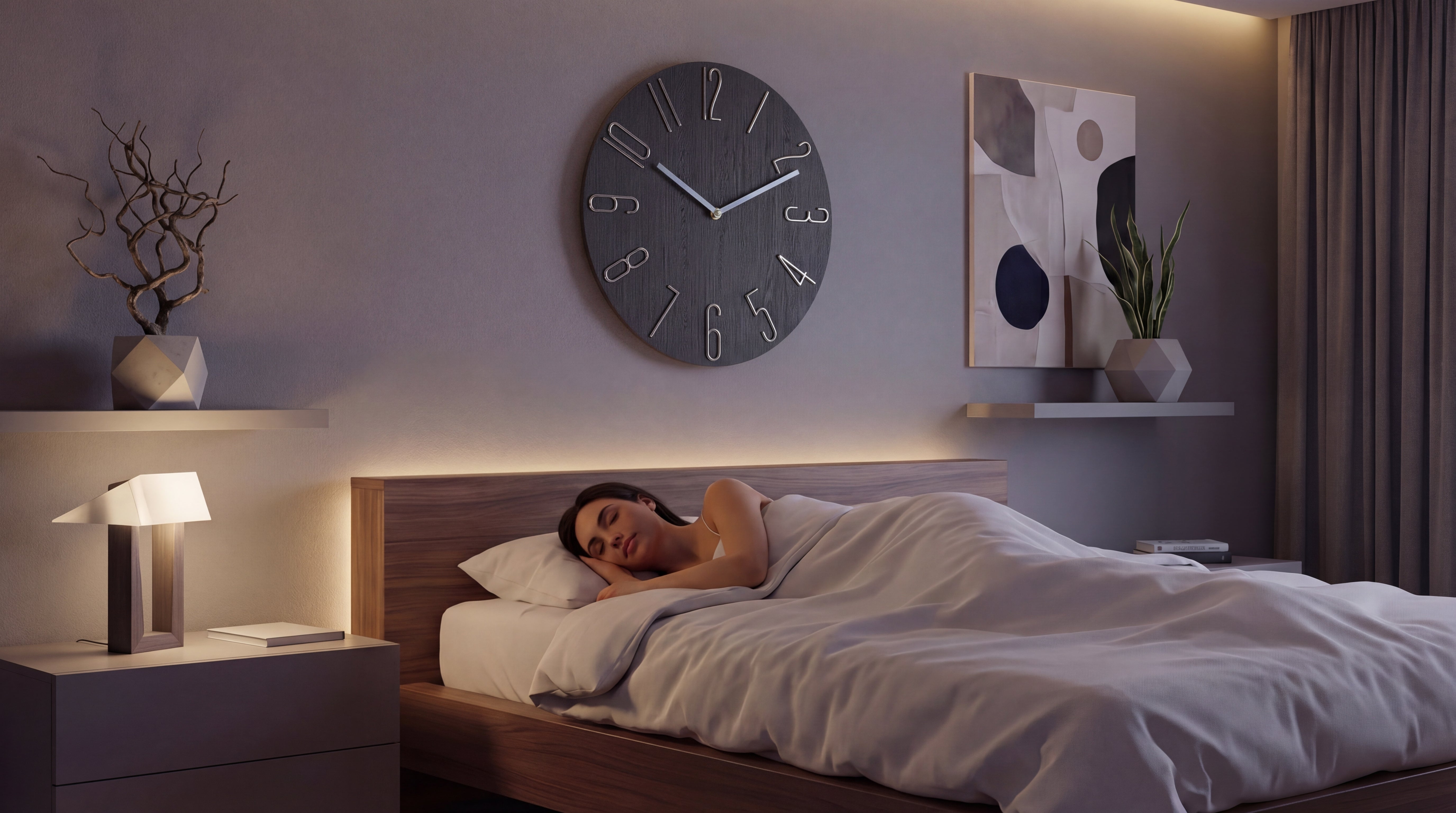 Horloge murale silencieuse au-dessus d'un lit dans une chambre cocooning avec linge de lit beige et lumière tamisée