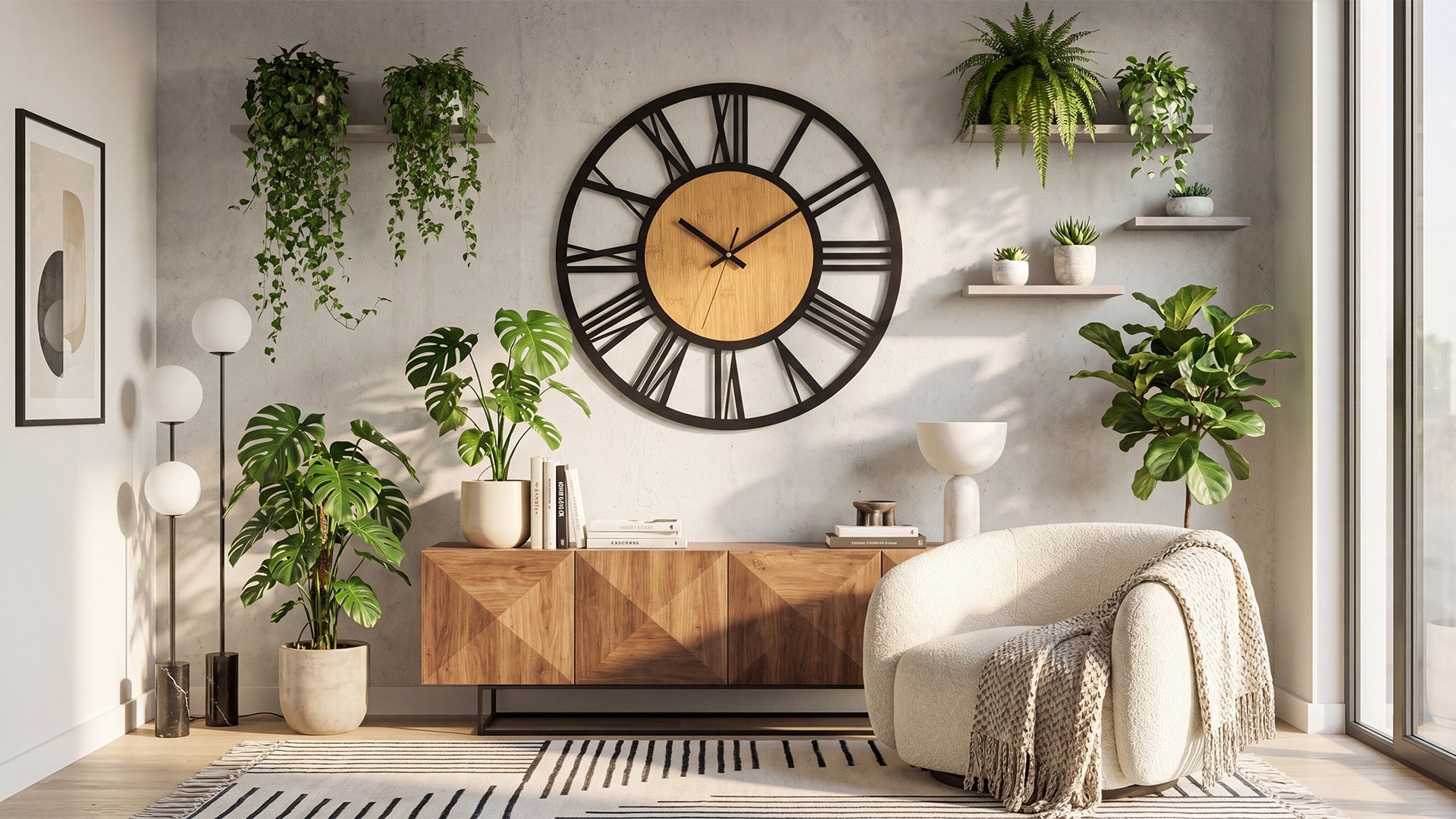 Horloge murale design dans un salon élégant avec canapé en lin clair, table basse et lumière naturelle douce