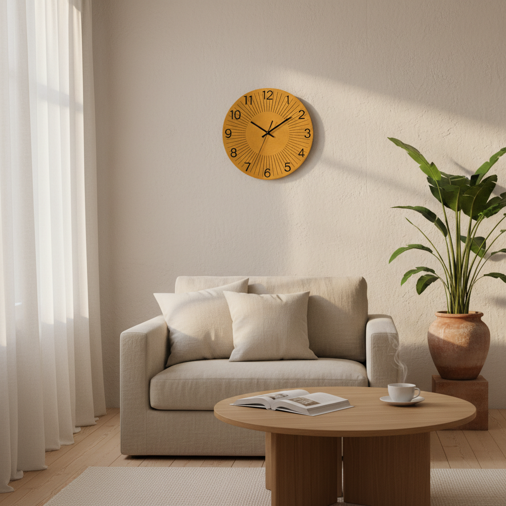 Horloge murale originale design jaune solaire dans salon scandinave moderne lumineux pièce maîtresse mur statement
