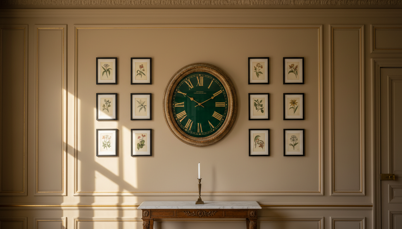 Horloge murale originale vintage baroque cadran émeraude doré chiffres romains style hôtel particulier français mur galerie