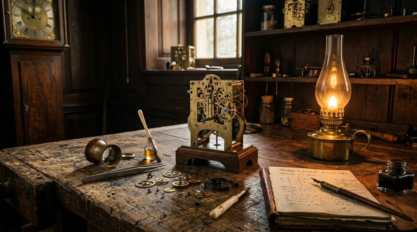 Atelier d'horloger historique avec mécanismes anciens et outils traditionnels
