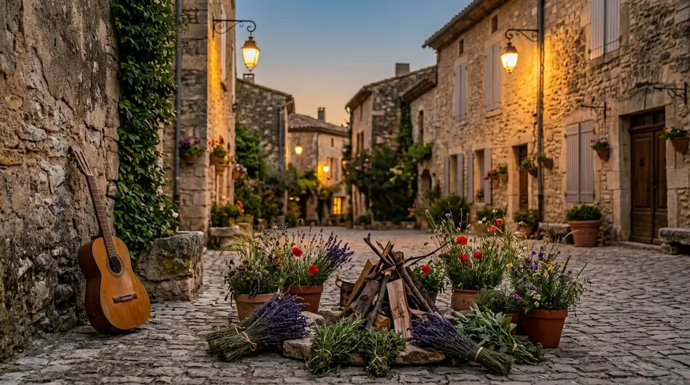 Tradition de la Saint-Jean dans un village provençal avec lavande et pierres