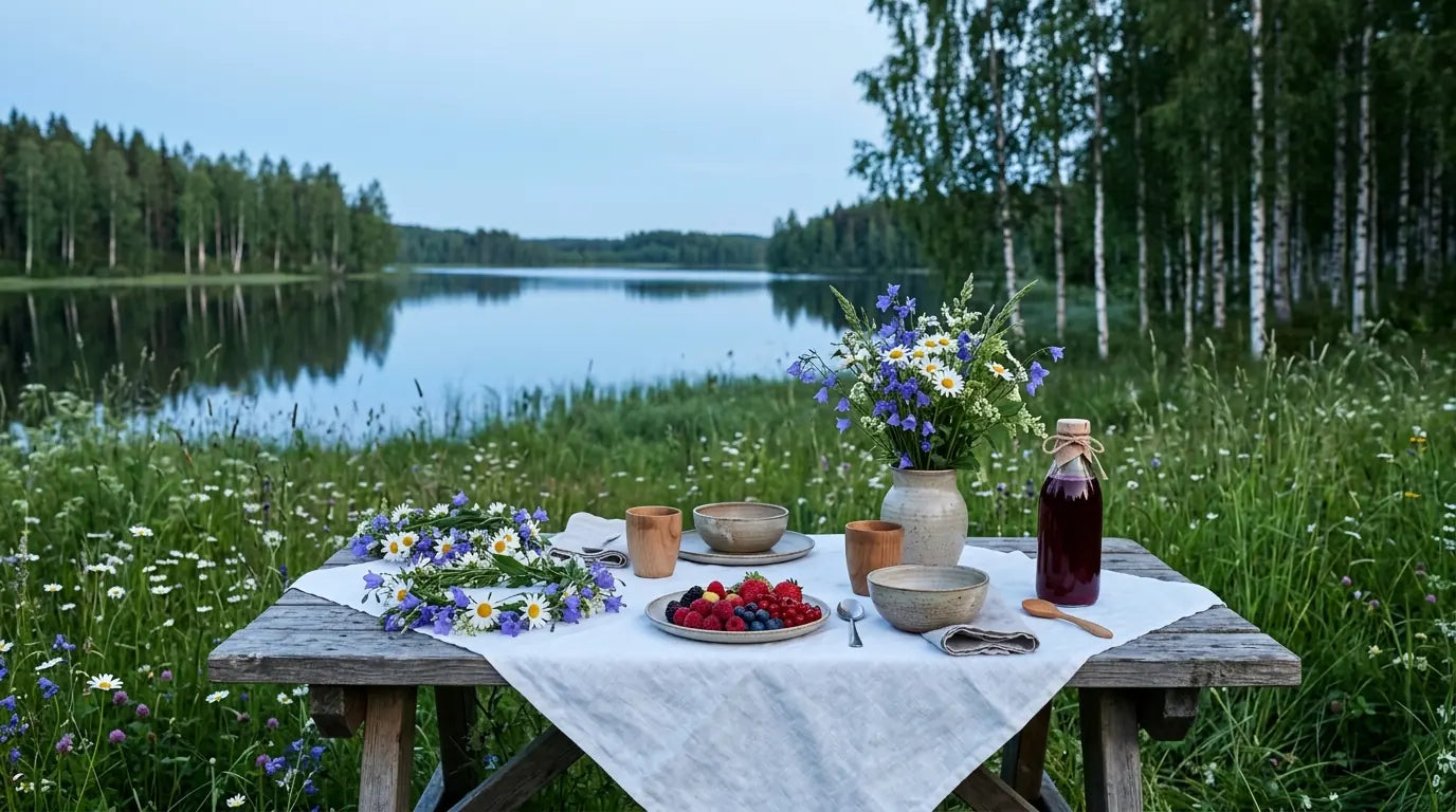 Tradition nordique du Midsummer couronnes de fleurs et nuit claire