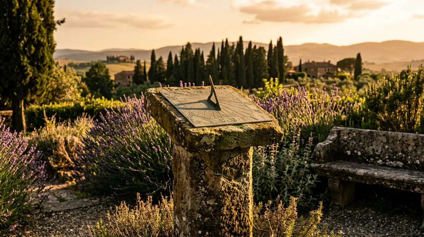 Cadran solaire dans un jardin ancien évoquant le pivot du calendrier solaire