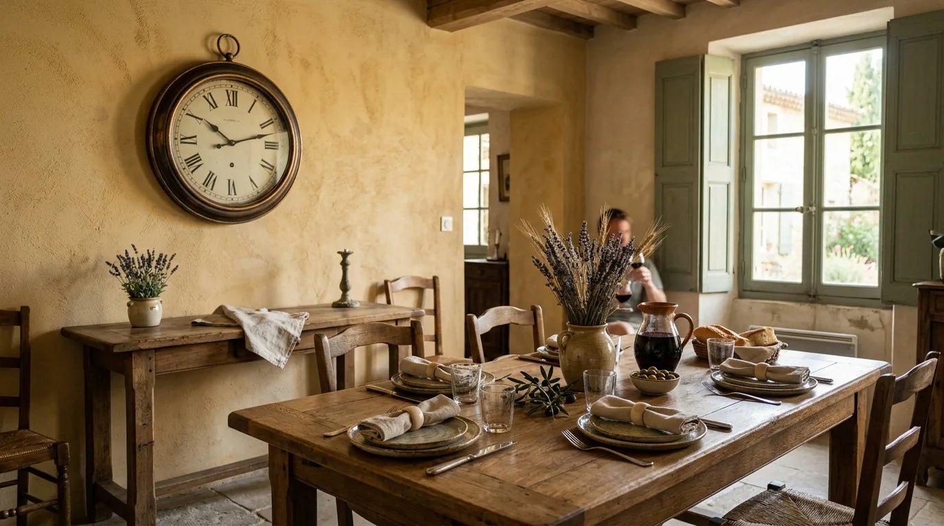 Horloge Augustus vintage dans une salle à manger provençale ocre et chêne