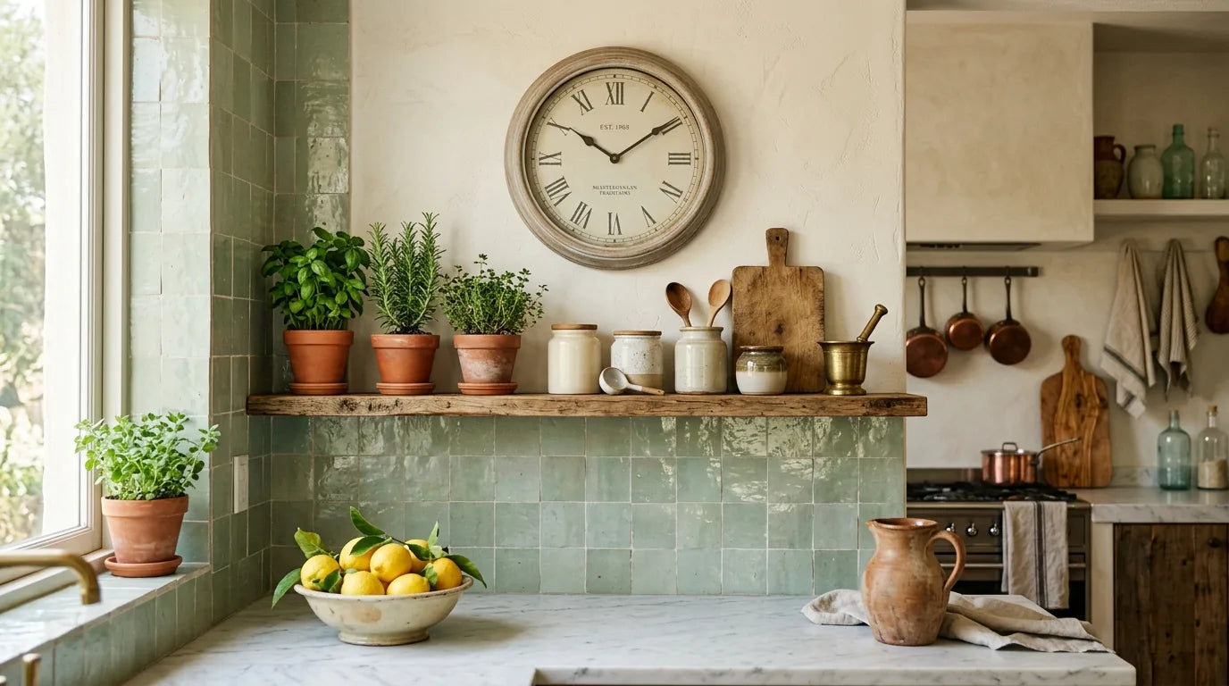 Horloge Montmartre bois patiné dans une cuisine au zellige style méditerranéen