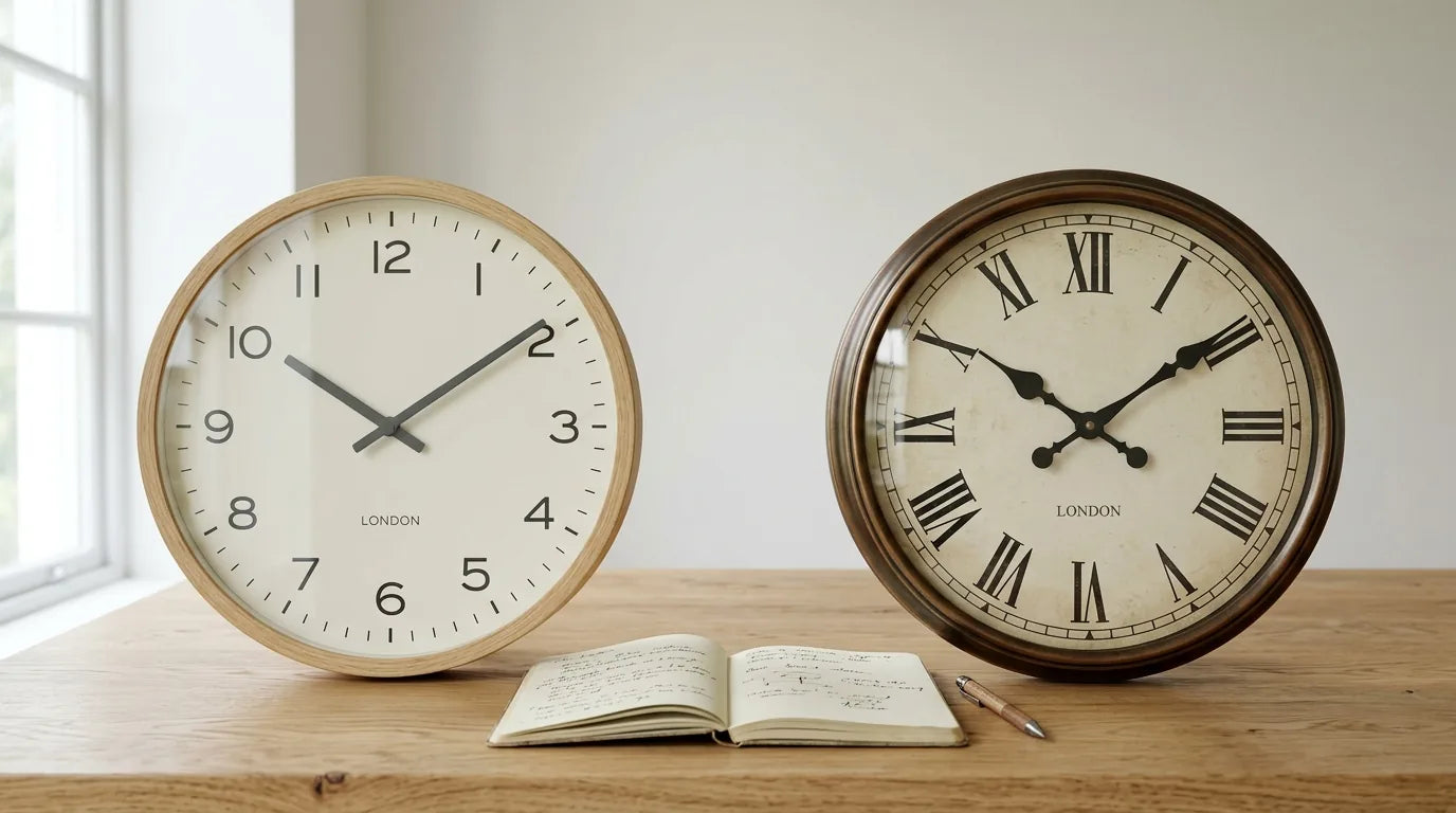 Comparaison de deux horloges murales côte à côte pour un choix raisonné en soldes