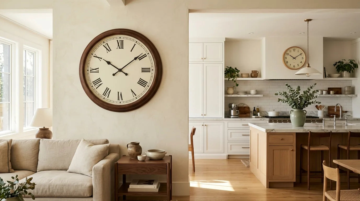 Hiérarchie horloge principale statement et secondaire discrète salon cuisine