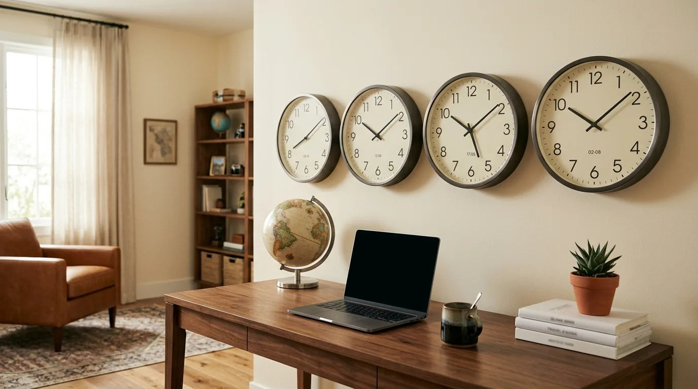 Mur plusieurs horloges aux fuseaux horaires différents bureau voyageur international