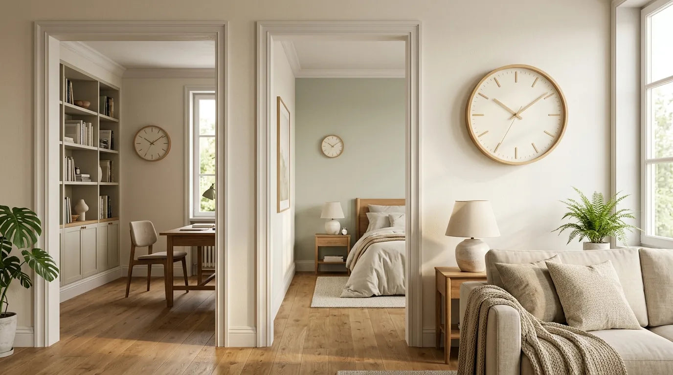 Trame équilibrée d'horloges entre salon bureau chambre maison cohérente