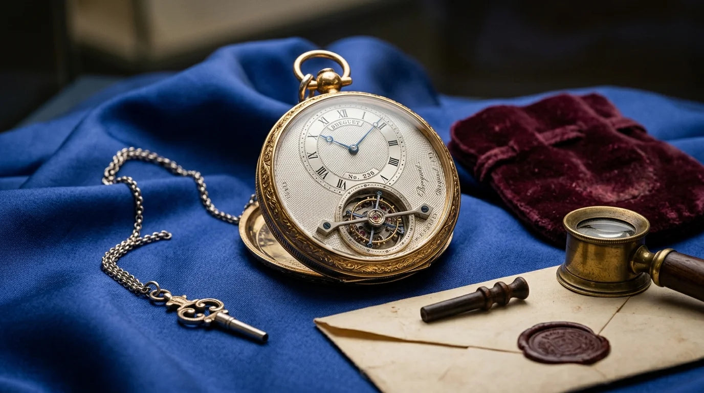 Montre de poche style Breguet du 18ème siècle posée sur soie bleue