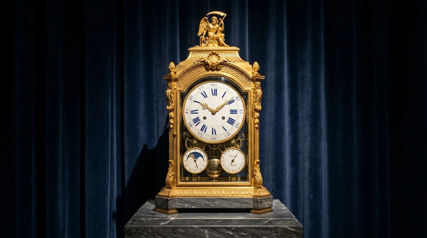 Pendule astronomique du 18ème siècle avec phases de lune et calendrier perpétuel