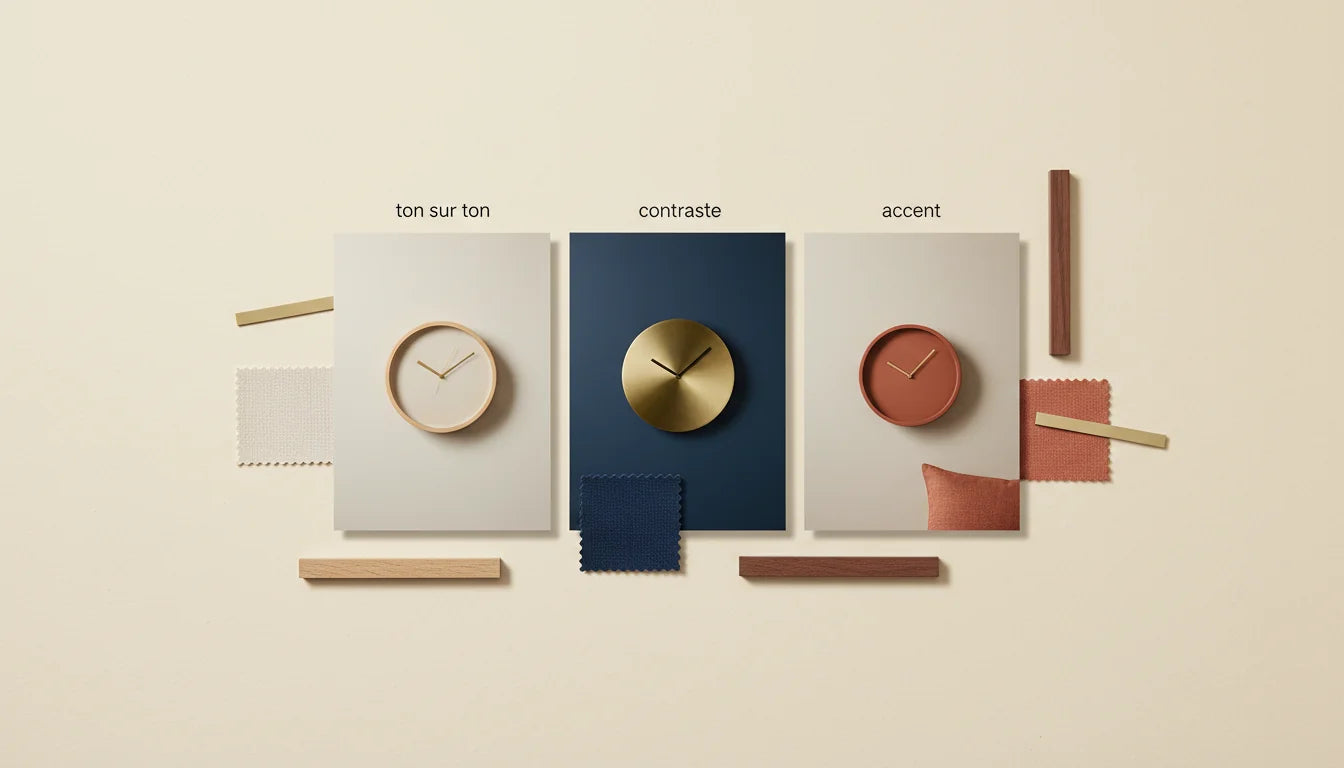Trois principes pour assortir une horloge murale ton sur ton contraste et accent couleur