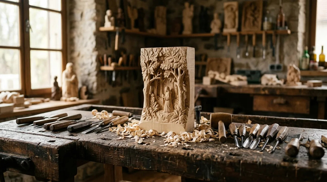 Atelier d'artisan sculptant un coucou de la Forêt-Noire en bois de tilleul savoir-faire traditionnel