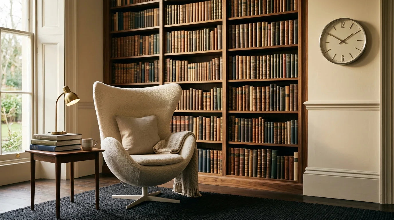 Bibliothèque dédiée avec fauteuil œuf coin lecture et horloge discrète murale
