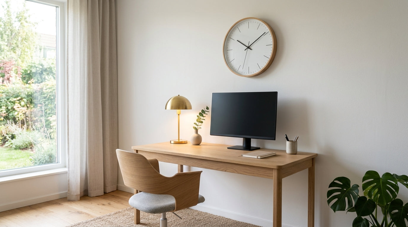 Setup télétravail moderne avec horloge murale design scandinave
