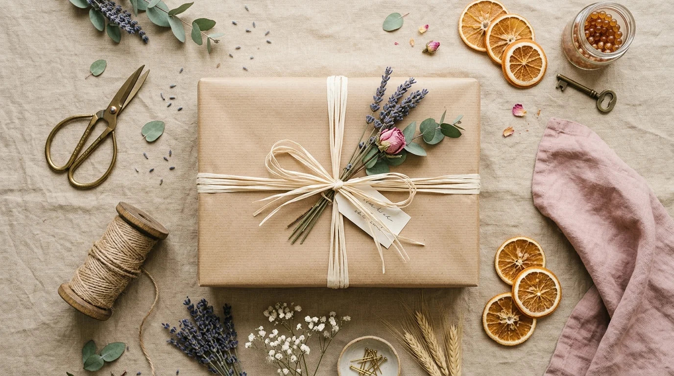 Cadeau emballé papier kraft raphia fleurs séchées art emballage cadeau économique soigné