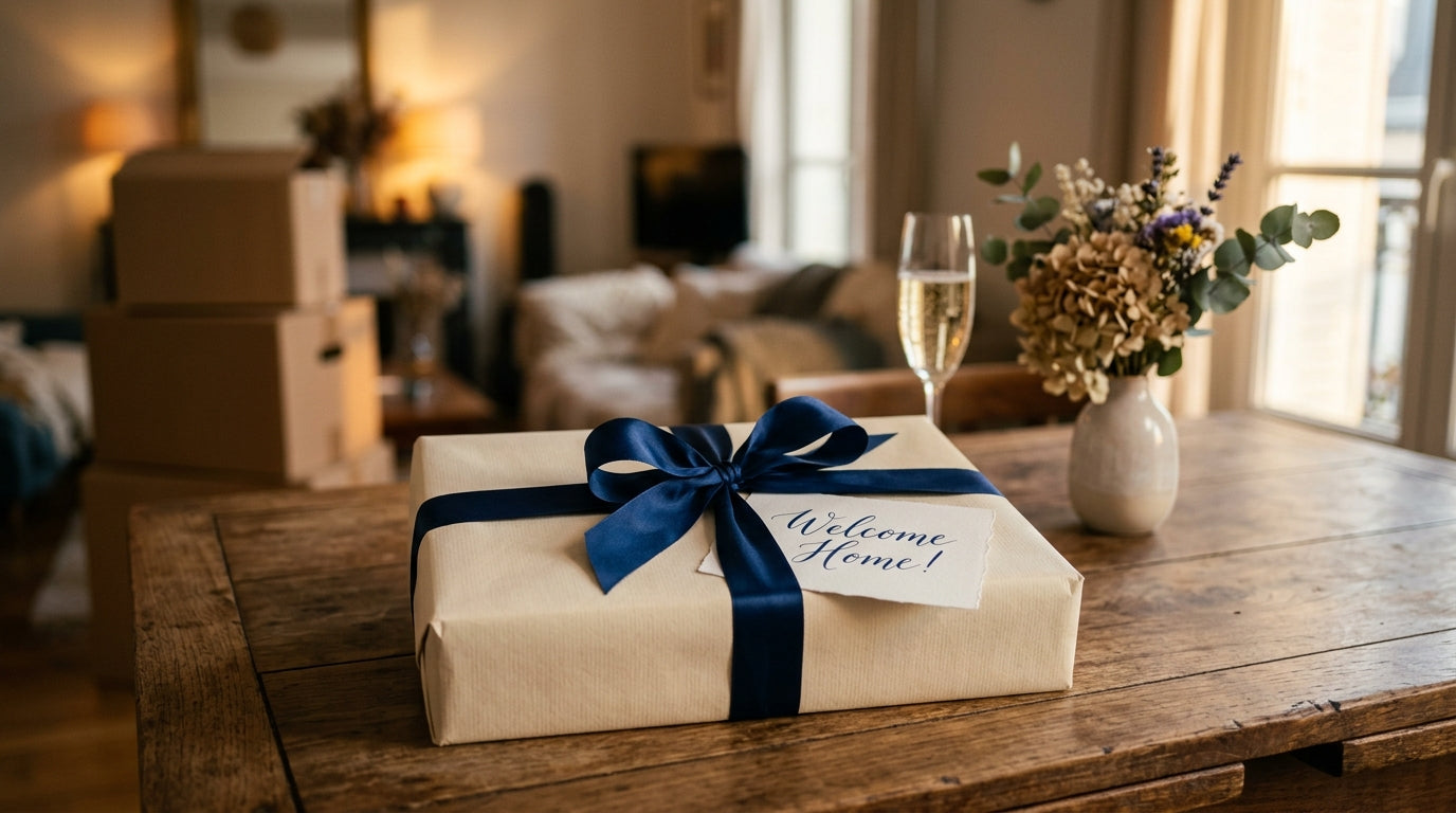 Cadeau crémaillère soigné emballé avec ruban et carte manuscrite sur table en bois